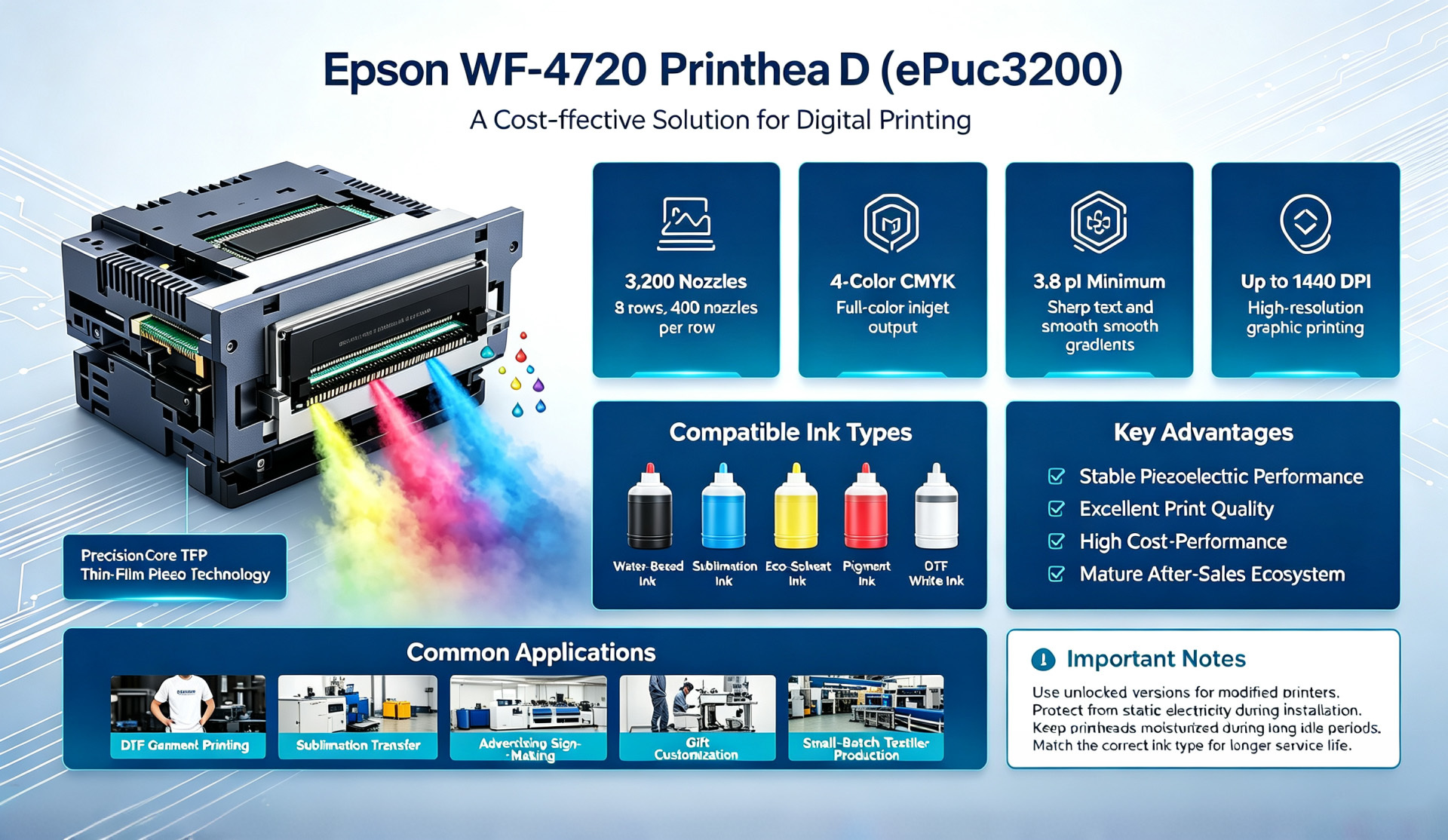 Últimos blogs da empresa sobre Epson WF-4720 Printhead EPS3200 | PrecisionCore TFP Print Head for DTF & Sublimation Printing