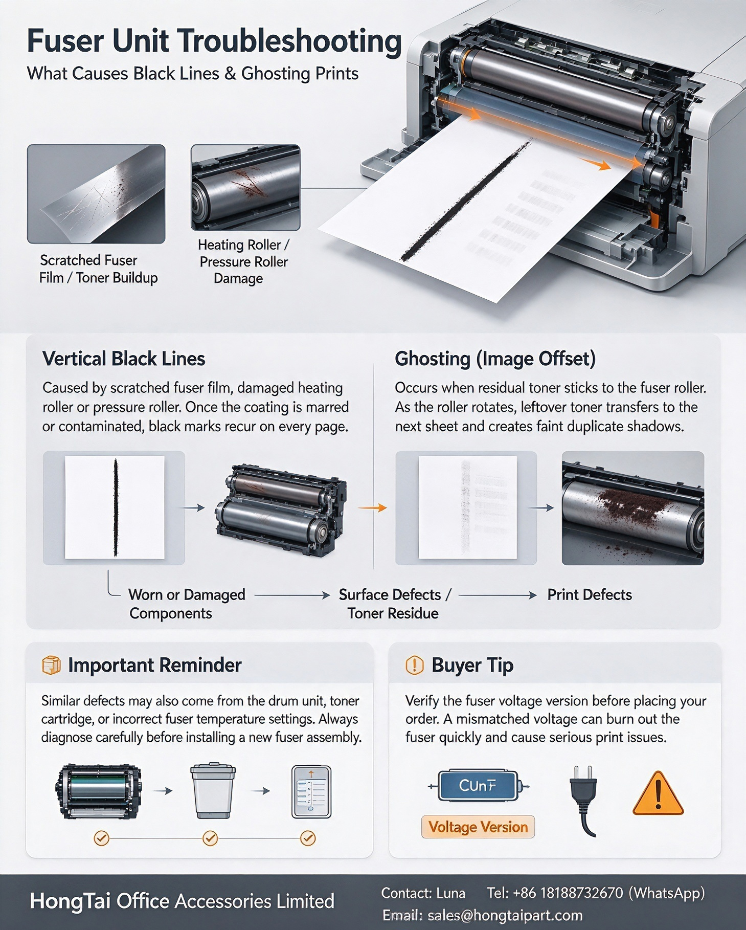 Últimos blogs da empresa sobre Fuser Unit Troubleshooting: What Causes Vertical Black Lines & Ghosting on Laser Prints